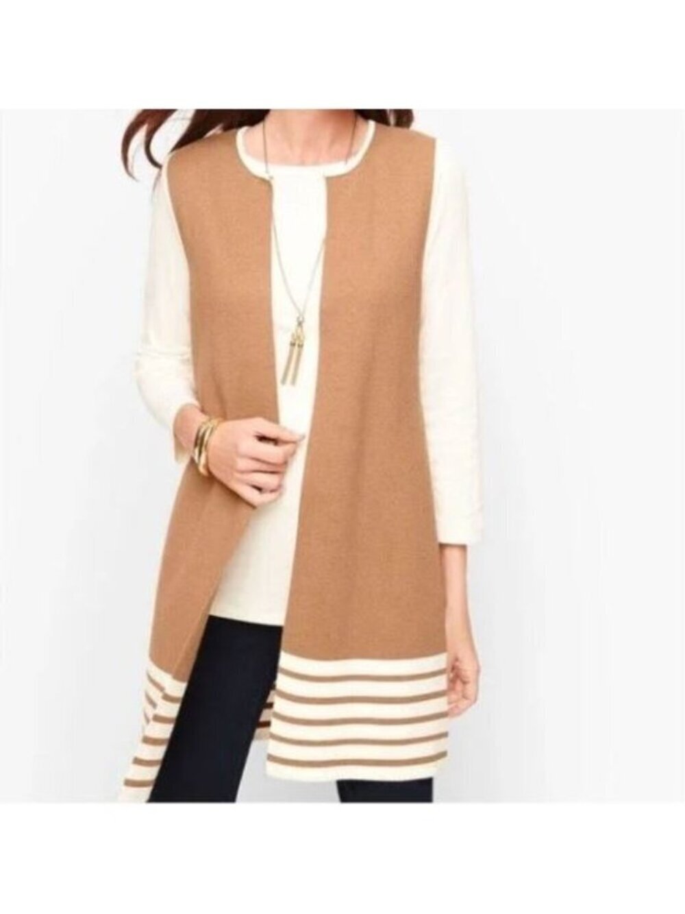 Talbots Cardigan Sweater Womens Large Camel Brown Long Line Vest Minimalist